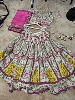 Bridal Floral Printed Lehenga Choli Set in Pink, Yellow & Cream
